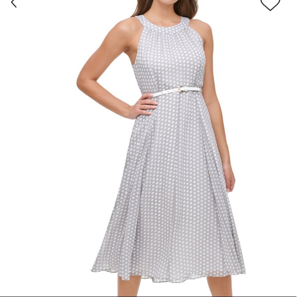 Tommy Hilfiger Belted Chiffon  Midi Dress Dotted Chiffon 14 White Gray NWT